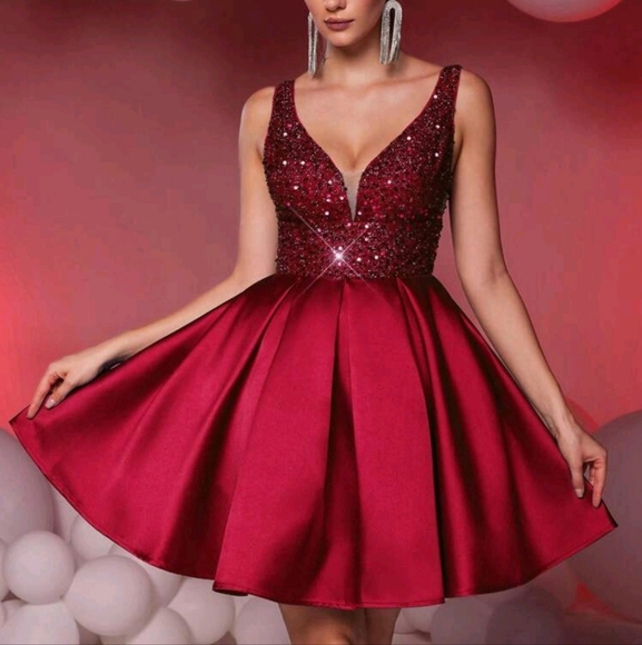Elegant & Luxurious Sapphire Burgundy V-Neck Sequin Patchwork Satin A-Line Dress - Picture 4 of 4